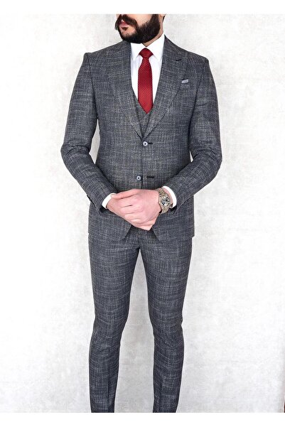 Jan Carlucci Erkek Slim Fit Sivri Yaka Gri Yelekli Drop 6 Takım Elbise