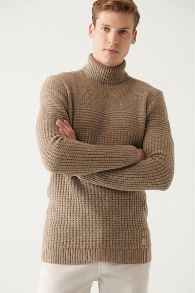 Avva Men's Mink Full Turtleneck Textured Knitwear Sweater A22Y5023