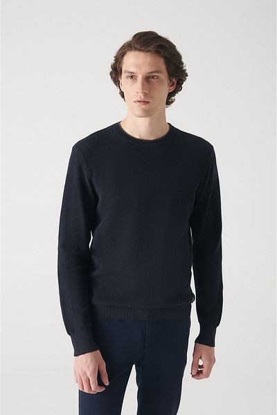 Avva Marineblauer Doppelkragen-Strickpullover aus strukturierter Baumwolle für Herren A22y5001
