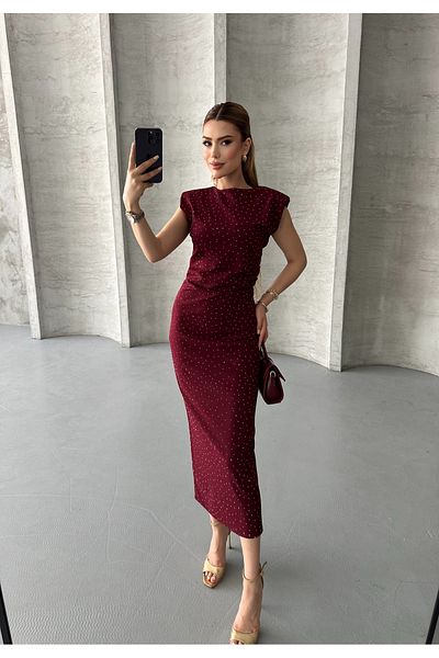 Moda Palmiss Women's Burgundy Stone Detailed Shoulder Padded Midi Dress