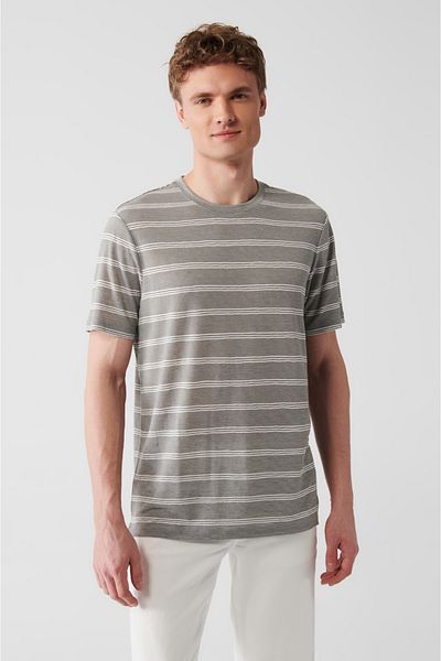 Avva Grau-weißes, bügelfreies, gestreiftes Herren-T-Shirt mit Rundhalsausschnitt A31y1144