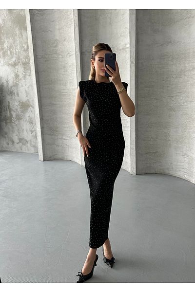 Moda Palmiss Women's Black Stone Detailed Shoulder Padded Midi Dress