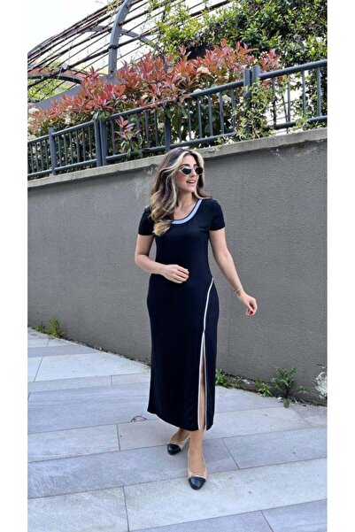 Genel Markalar Kadın Yuvarlak Ribana Yaka Beyaz Yırtmaç Detaylı Viskon Tam Bo...