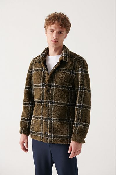 Avva Men's Khaki Classic Collar Faux Fur Inside Faux Suede Plush Coat A22Y6047