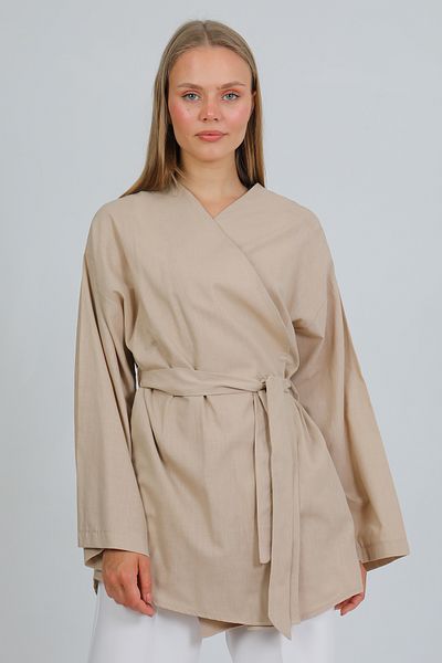 PASTELASTORE Дамско лятно кимоно с колан и джобове, 1166, 100% памук и лен - дишаща естествена материя