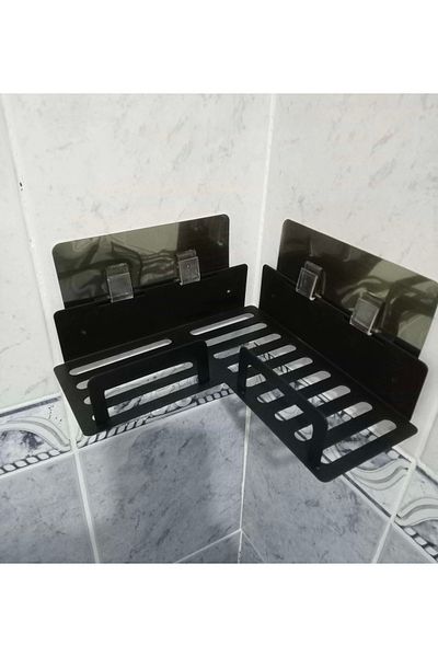 ardini Black Shampoo Holder Mat - Whether Screwed, Self-adhesive Bathroom Corner Shelf