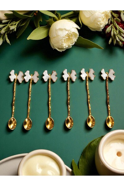CHANCE GİFT طقم مطلي بالذهب على شكل فراشة مكون من 6 ملاعق شاي (أبيض)