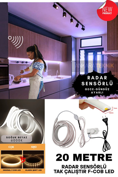 ankarateknik Sensörlü Beyaz Renk F- Cob Neon Led / Yüksek Lümen/ Dolap Alçıpa...