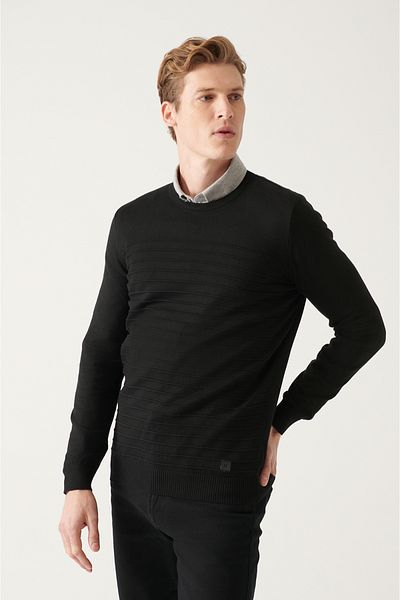 Avva Men's Black Crew Neck Cotton Knitwear Sweater A22Y5074