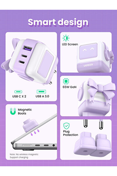 Ugreen Nexode Rg 65w Robot Gan Uyumlu Hızlı Şarj Cihazı, Mor - 35291