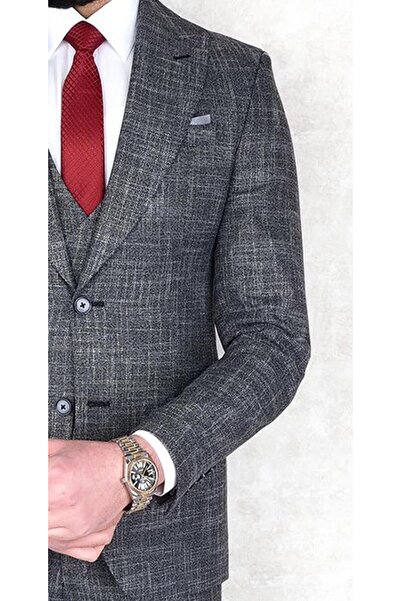 Jan Carlucci Erkek Slim Fit Sivri Yaka Gri Yelekli Drop 6 Takım Elbise