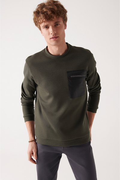 Avva Men's Khaki Crew Neck Parachute Fabric Pocket Sweatshirt A22Y1219