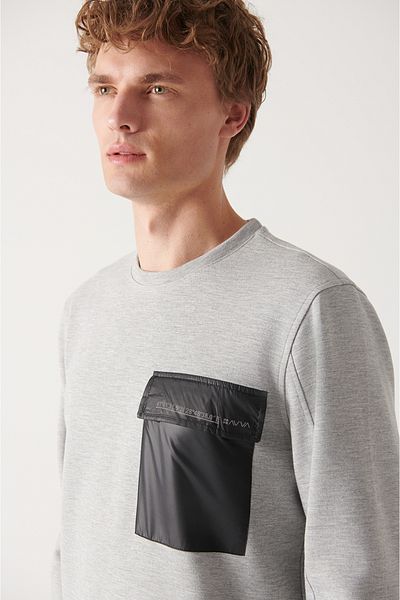Avva Men's Gray Crew Neck Parachute Fabric Pocket Sweatshirt A22Y1219