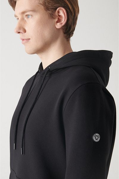 Avva Men's Black Hooded 3 Thread Back Printed Sweatshirt A22Y1111