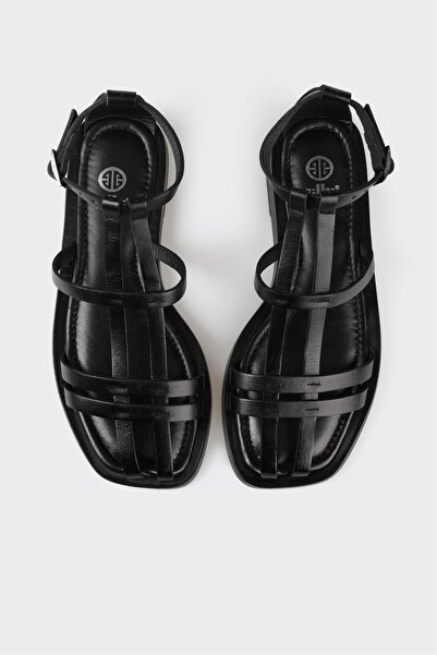 Elle Shoes Black Leather Women's Flat Sandals