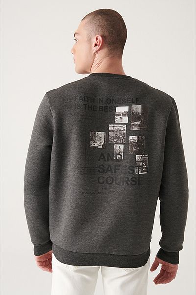 Avva Men's Anthracite Crew Neck 3 Thread Raised Printed Sweatshirt A22Y1105