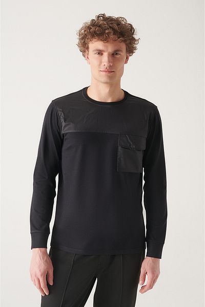 Avva Men's Black Crew Neck Raised 3 Thread Sweatshirt A22Y1221