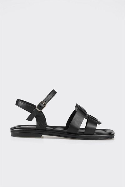 Elle Shoes Black Leather Women's Flat Sandals