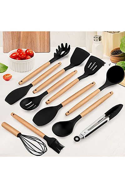 Bogadini Set of 12 Silicone Kitchen Utensils – With Wooden Handle, Various Colors, Gift Wrapped