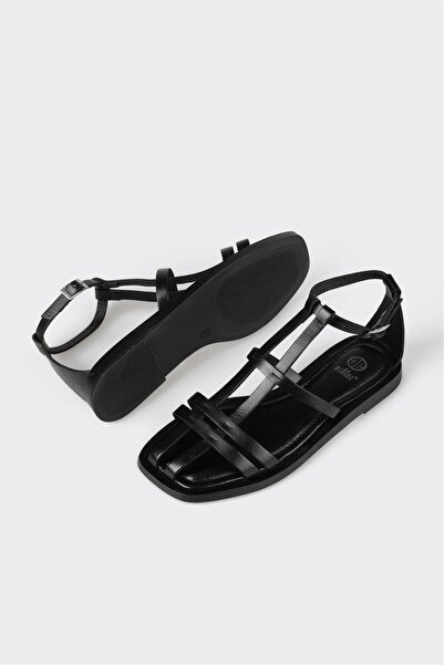 Elle Shoes Black Leather Women's Flat Sandals