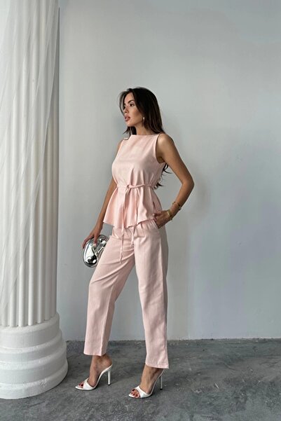Modayakamoz Linen Bluz - Pant Suit Massimo Model Screat Fabric - Powder