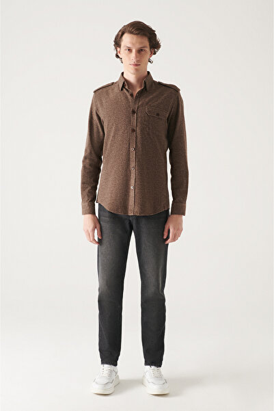 Avva Мъжка кафява риза с еполети от 100% памук A22Y2024