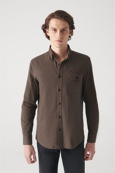 Avva Men's Brown Patterned 100% Cotton Shirt with Pockets A22Y2023