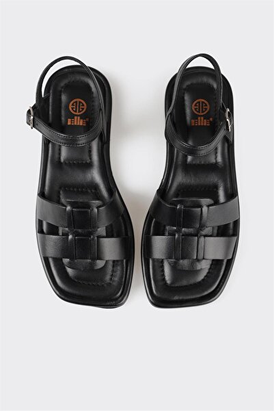 Elle Shoes Black Leather Women's Flat Sandals