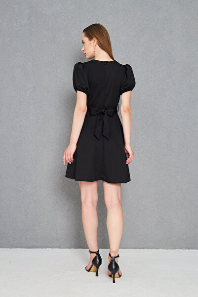 Secret Passion Lingerie Γυναικείο Σχέδιο Πέτρινης Ζώνης Μπαλόνι Μανίκι Διπλό Γιακά Μαύρο Μίνι Φόρεμα βραδινό φόρεμα 77125