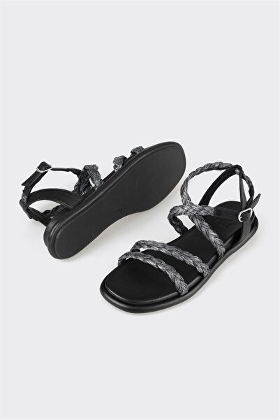 Elle Shoes Black Leather Women's Flat Sandals