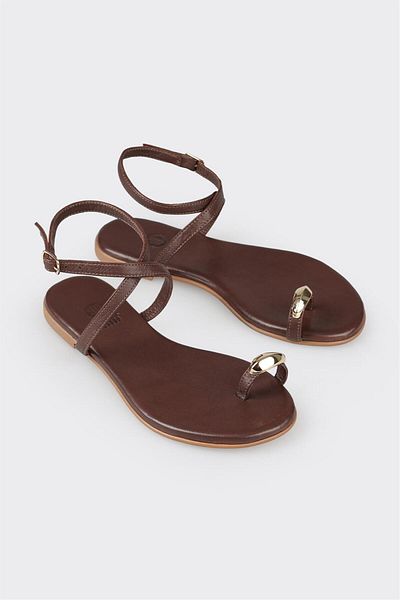 Elle Shoes Brown Leather Women's Flat Sandals