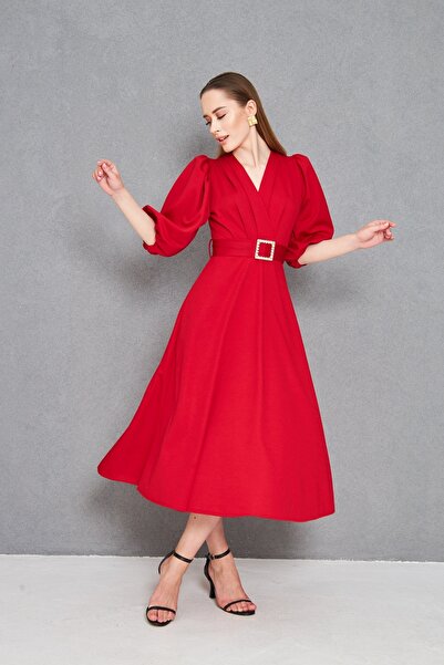 Secret Passion Lingerie Γυναικείο μπαλόνι με πέτρινη λεπτομέρεια με ζώνη με διπλό γιακά κόκκινο μίντι βραδινό φόρεμα 3602