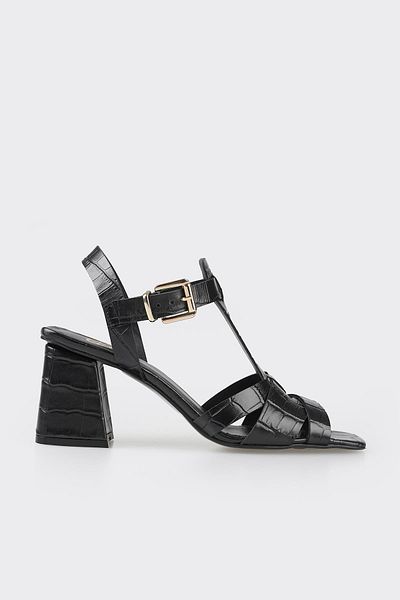 Elle Shoes Black Leather Women's Heeled Sandals
