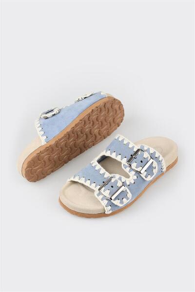 Elle Shoes Mavi Deri Kadın Düz Terlik