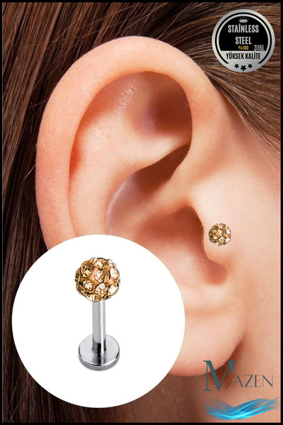 MAZEN Zircon Stone Piercing |   8mm Cappuccino |   Non-Tarnish Steel |   Cartilage Tragus Lip |   Single Ball