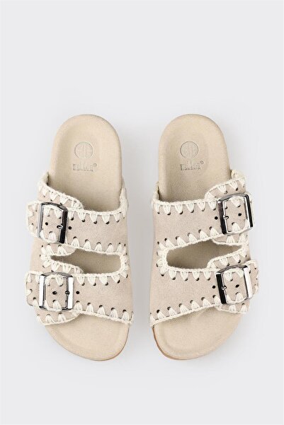 Elle Shoes Bej Deri Kadın Düz Terlik