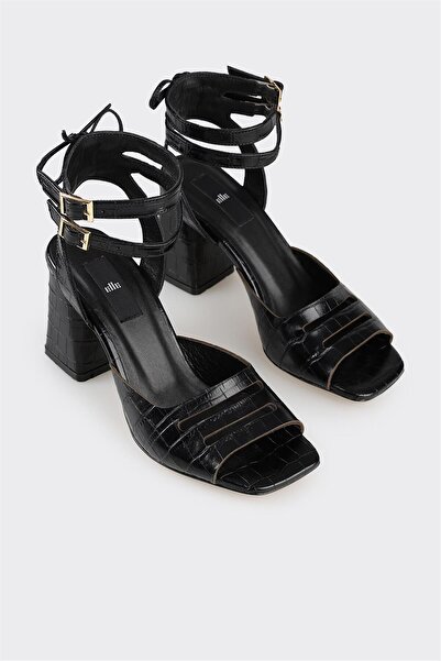 Elle Shoes Black Leather Women's Heeled Sandals