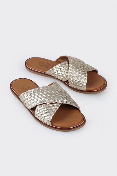 Elle Shoes Gold Leather Women's Flat Slippers