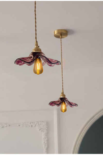 burenze Modern Tasarım Vintage Boheme Estetik El Yapımı Lila Mor Camlı Sarkıt Avize Eskitme Gold Kahve Örgü