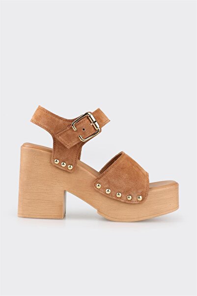 Elle Shoes Taba Deri Kadın Topuklu Sandalet