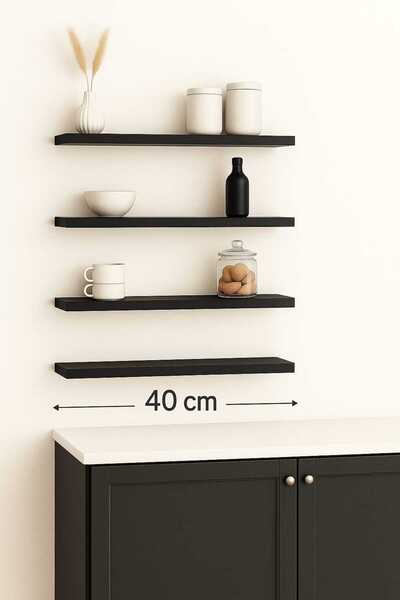 yankı-byeg 40 Cm 4lü Mat Siyah Mdf Uçan Duvar Rafı Gizli Bağlantı Kitaplık Ahşap