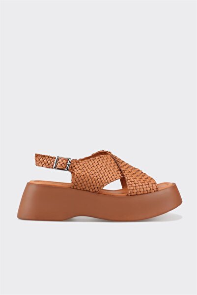 Elle Shoes Tan Leather Dámské sandály na klínovém podpatku