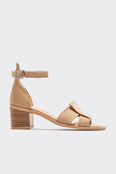 Elle Shoes Bej Deri Kadın Topuklu Sandalet