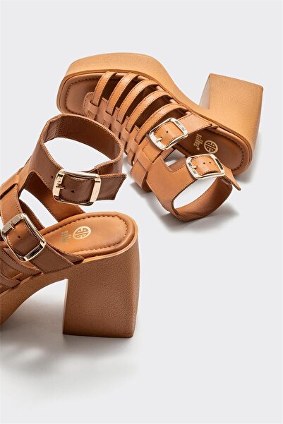 Elle Shoes Tan Leather Women's Heeled Sandals