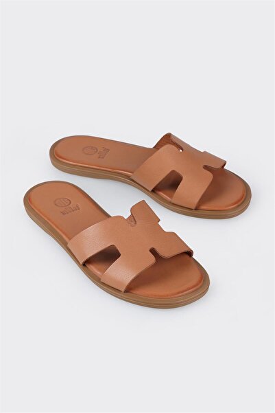 Elle Shoes Taba Deri Kadın Düz Terlik