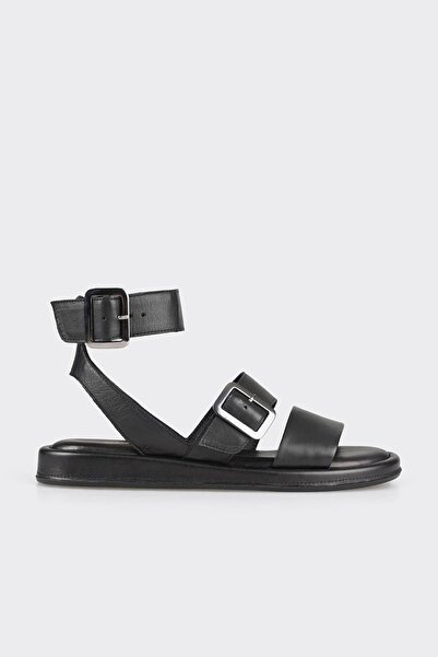 Elle Shoes Siyah Deri Kadın Düz Sandalet