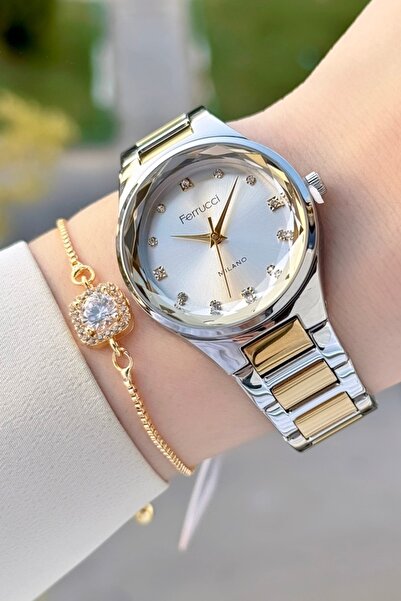 Ferrucci Gold Gümüş Renk Kadın Kol Saati ve Bileklik