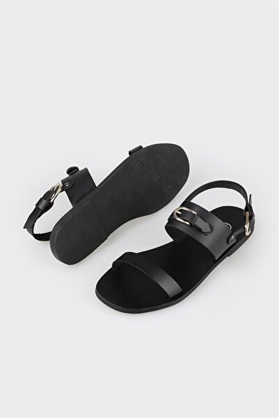 Elle Shoes Black Leather Women's Flat Sandals