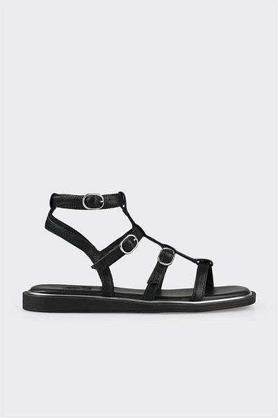 Elle Shoes صندل نسائي مسطح من الجلد الأسود