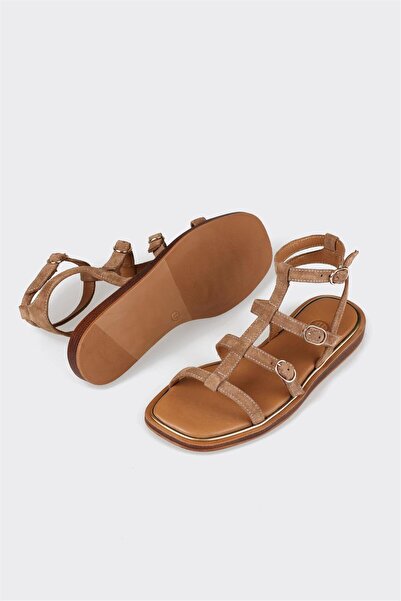 Elle Shoes Tan Leather Women's Flat Sandals